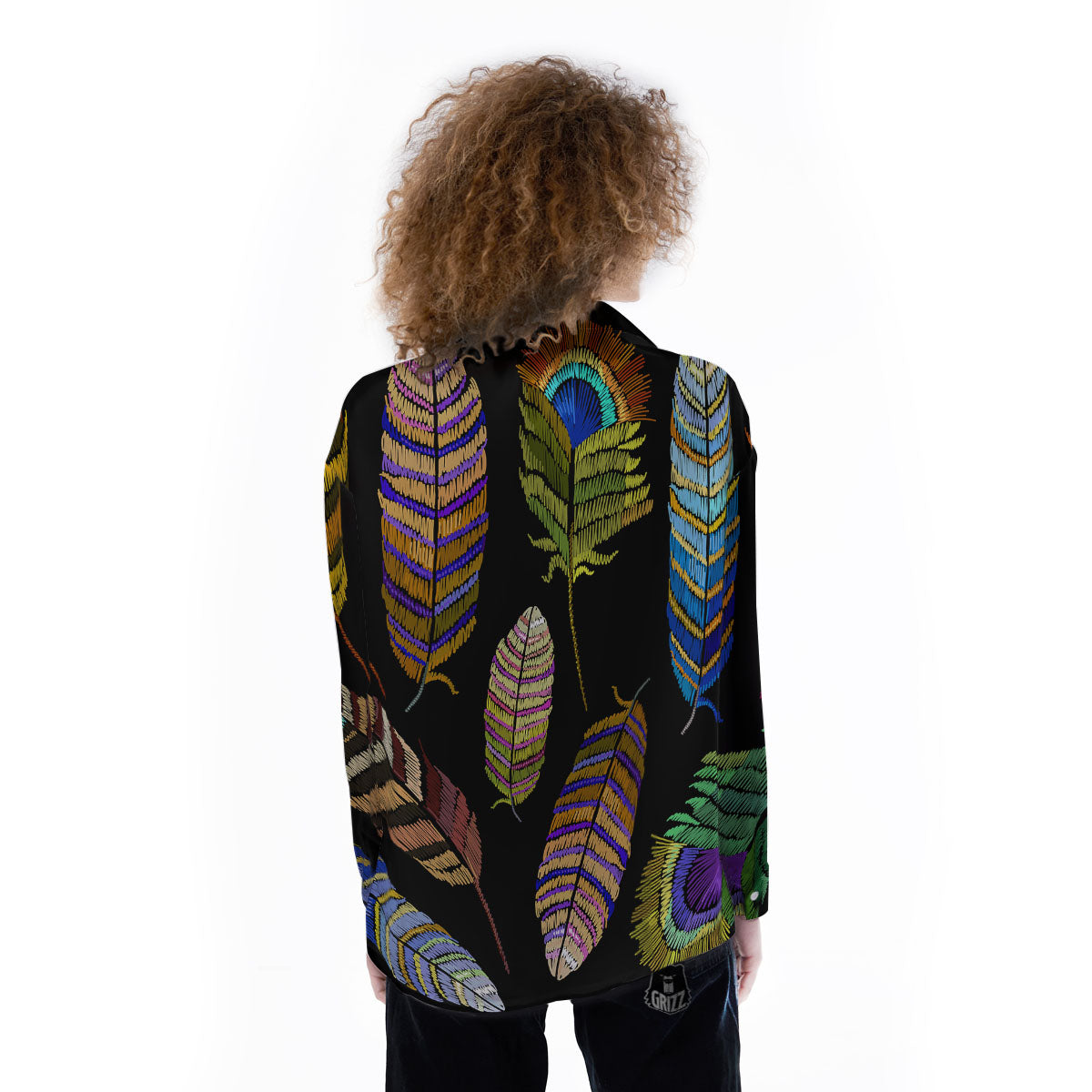 Feather Embroidery Peacock Print Women's Long Sleeve Shirts-grizzshop