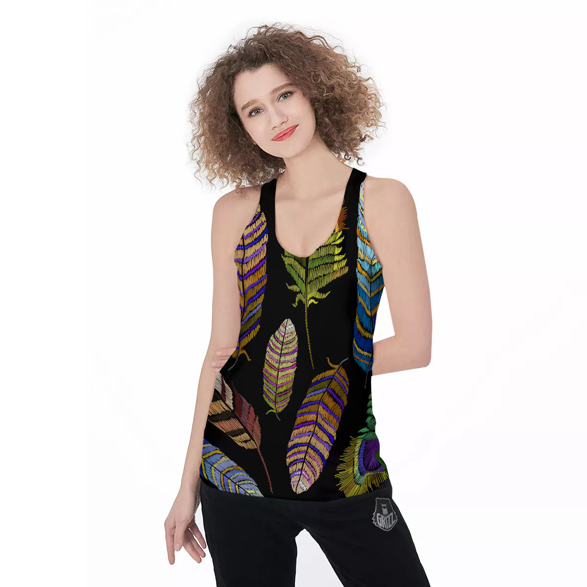 Feather Embroidery Peacock Print Women's Racerback Tank Top-grizzshop
