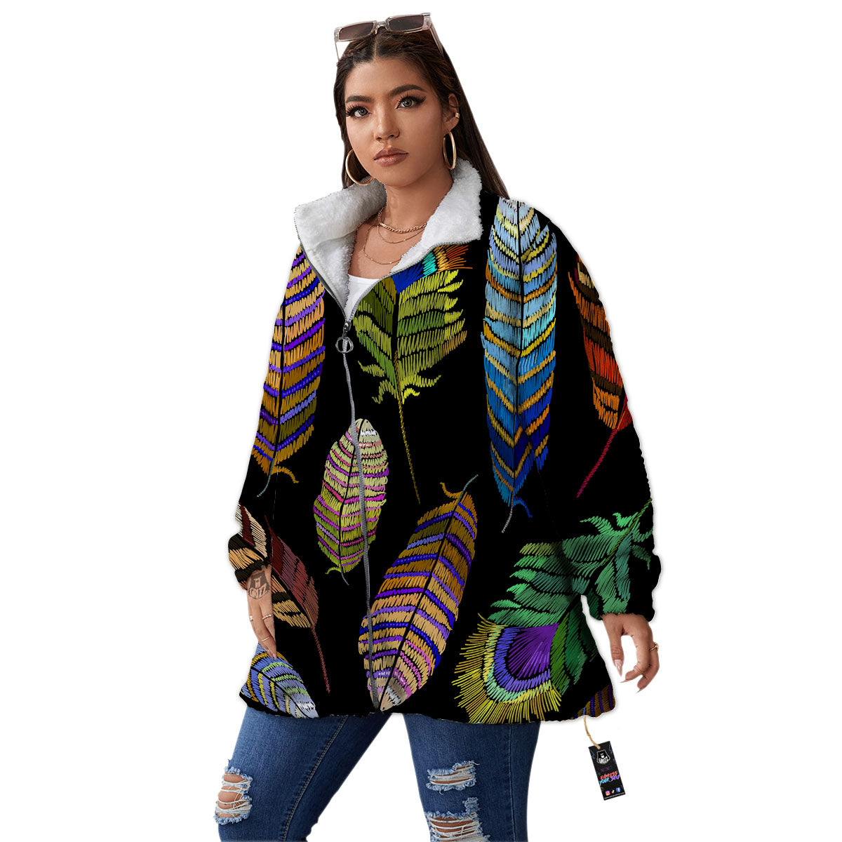 Feather Embroidery Peacock Print Women's Sherpa Jacket-grizzshop