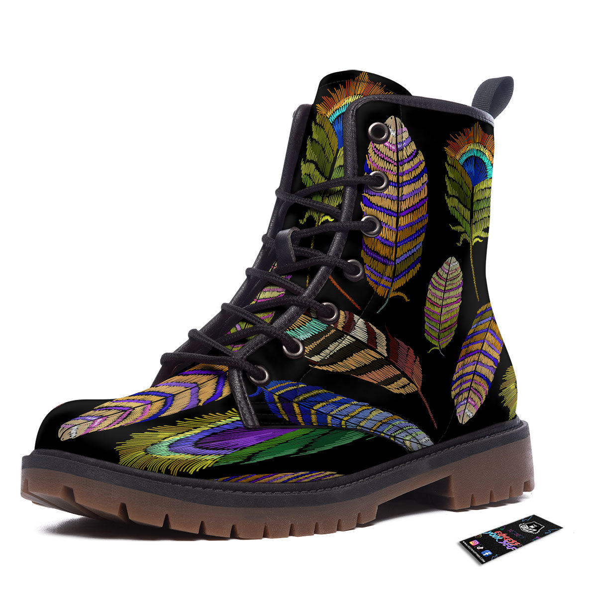 Feather Embroidery Peacock Print Work Boots-grizzshop