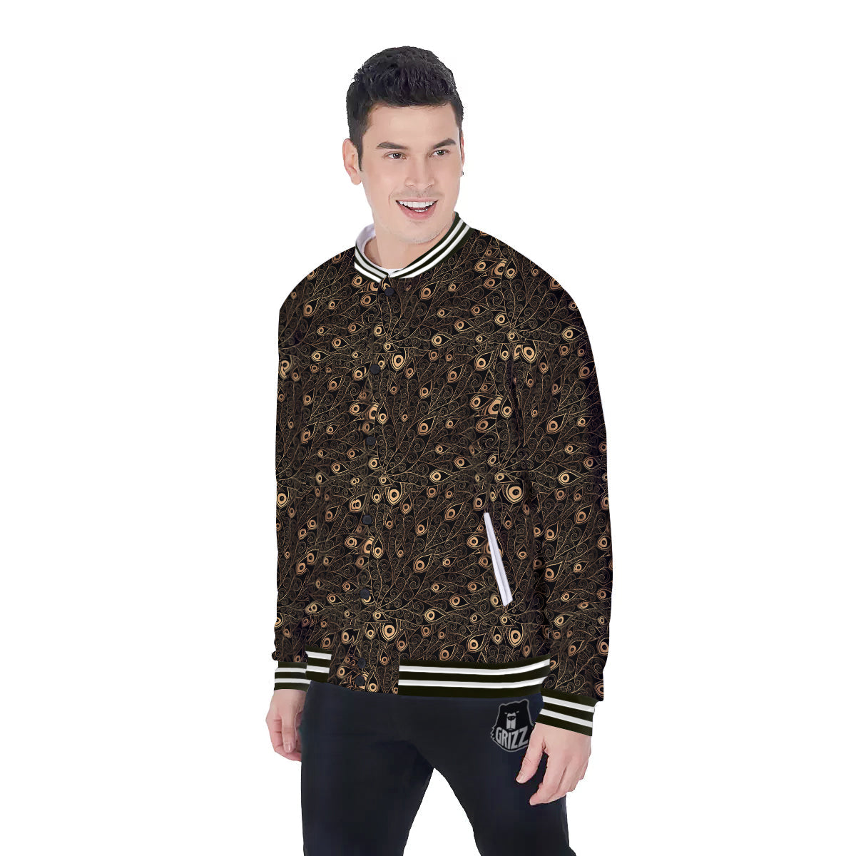 Feather Gold And Black Print Pattern Baseball Jacket-grizzshop