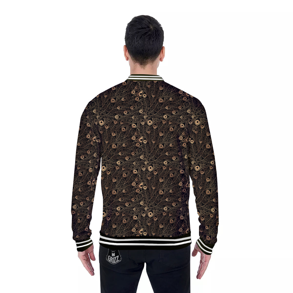 Feather Gold And Black Print Pattern Baseball Jacket-grizzshop