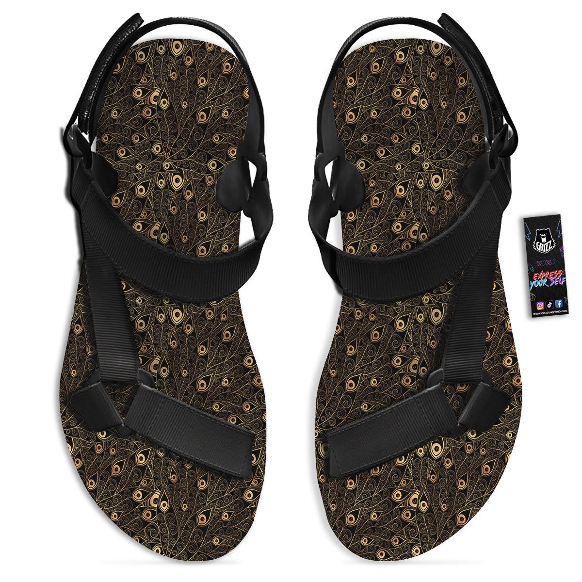 Feather Gold And Black Print Pattern Black Open Toe Sandals-grizzshop