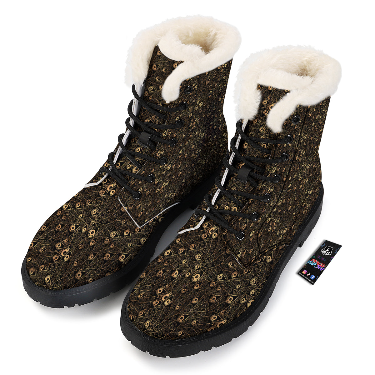 Feather Gold And Black Print Pattern Winter Boots-grizzshop