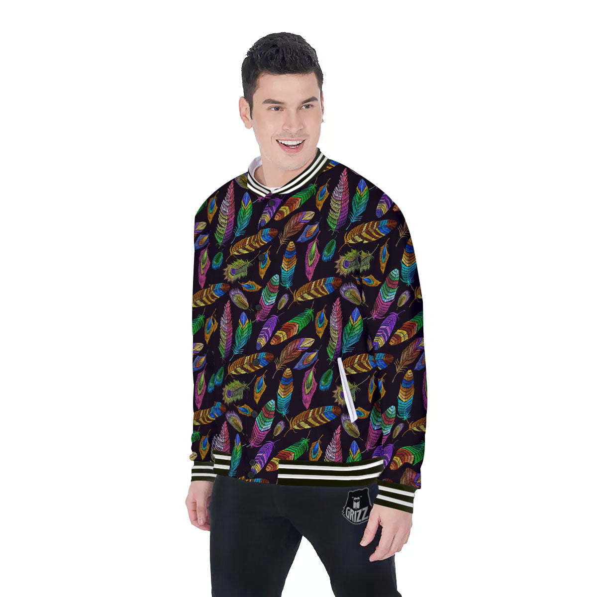 Feather Native Print Pattern Baseball Jacket-grizzshop