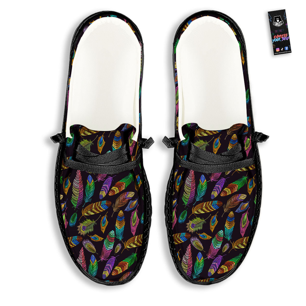 Feather Native Print Pattern Black Loafers-grizzshop