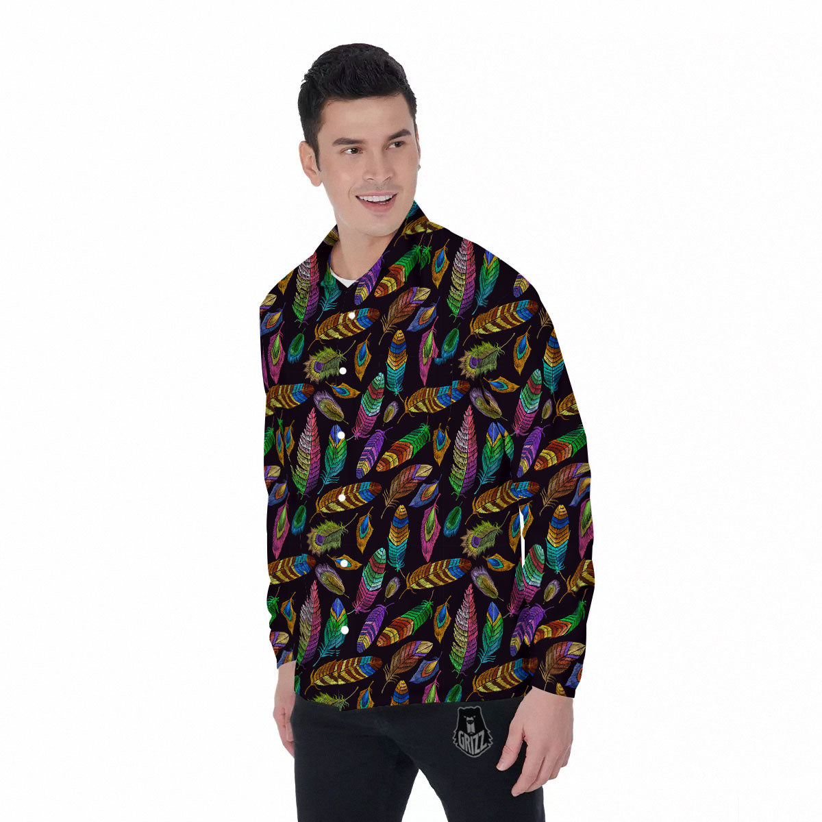 Feather Native Print Pattern Men's Long Sleeve Shirts-grizzshop