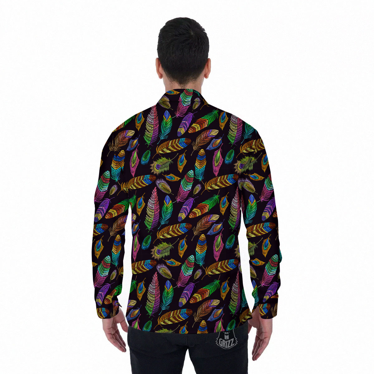 Feather Native Print Pattern Men's Long Sleeve Shirts-grizzshop