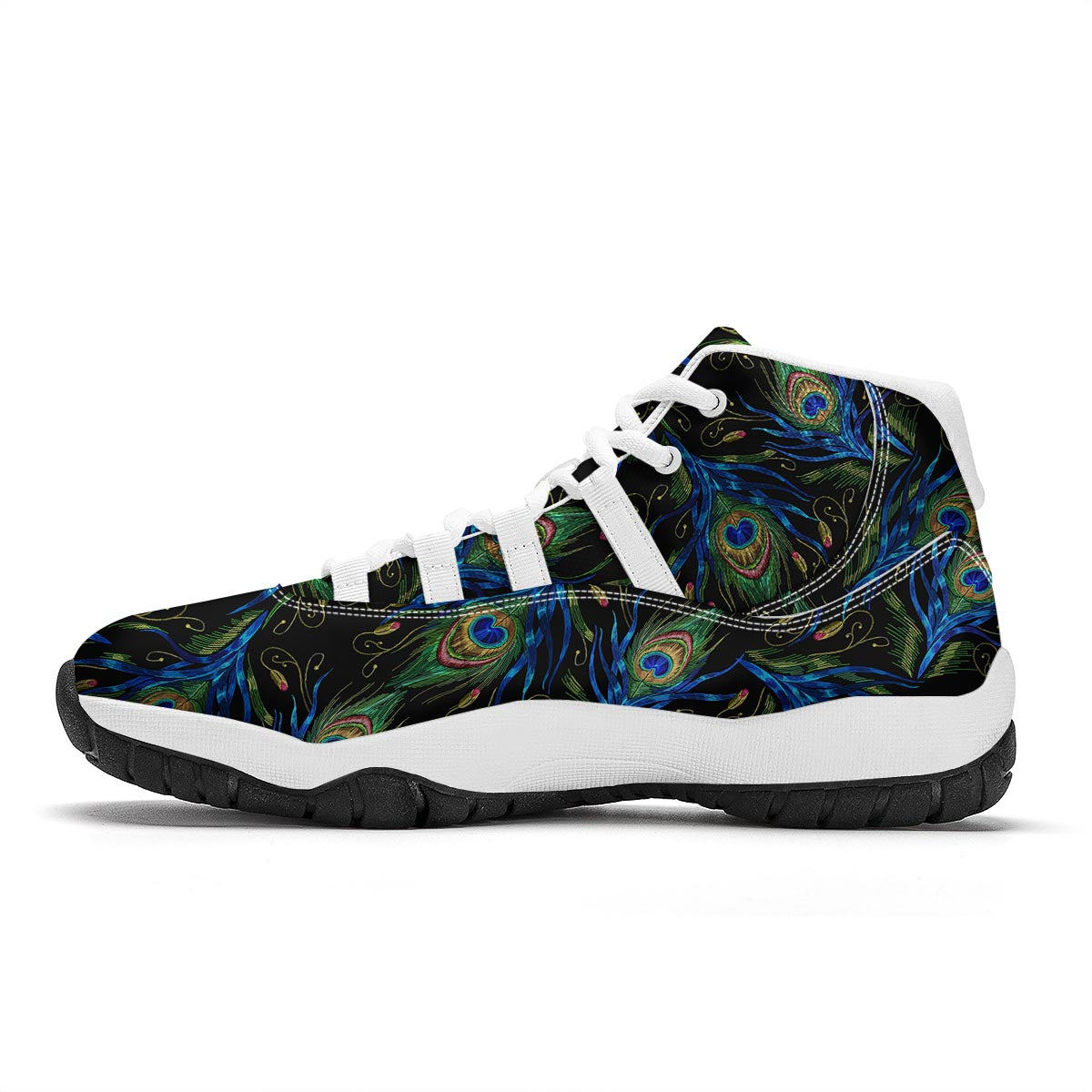 Feather Peacock Pattern Print White Bball Shoes-grizzshop