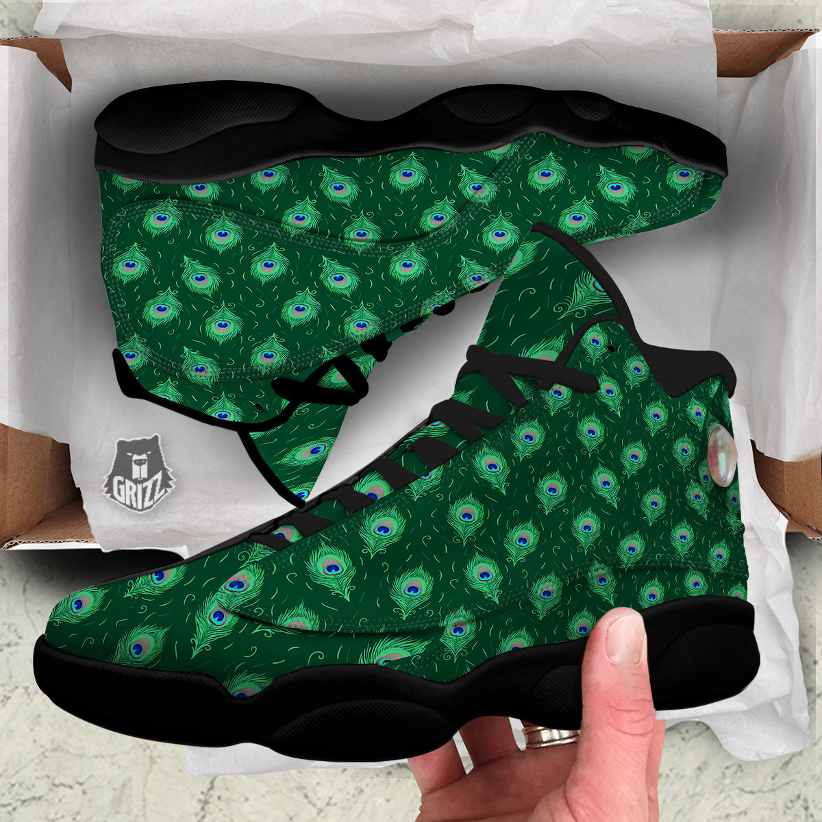 Feather Peacock Print Pattern Black Basketball Shoes-grizzshop
