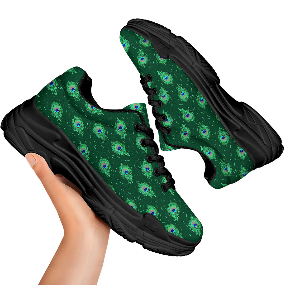 Feather Peacock Print Pattern Black Chunky Shoes-grizzshop