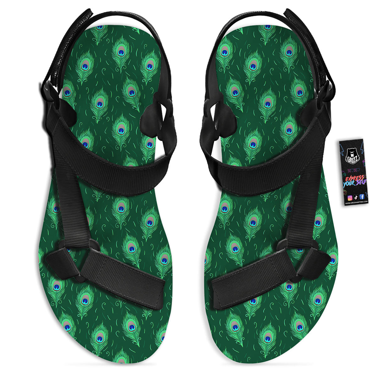 Feather Peacock Print Pattern Black Open Toe Sandals-grizzshop