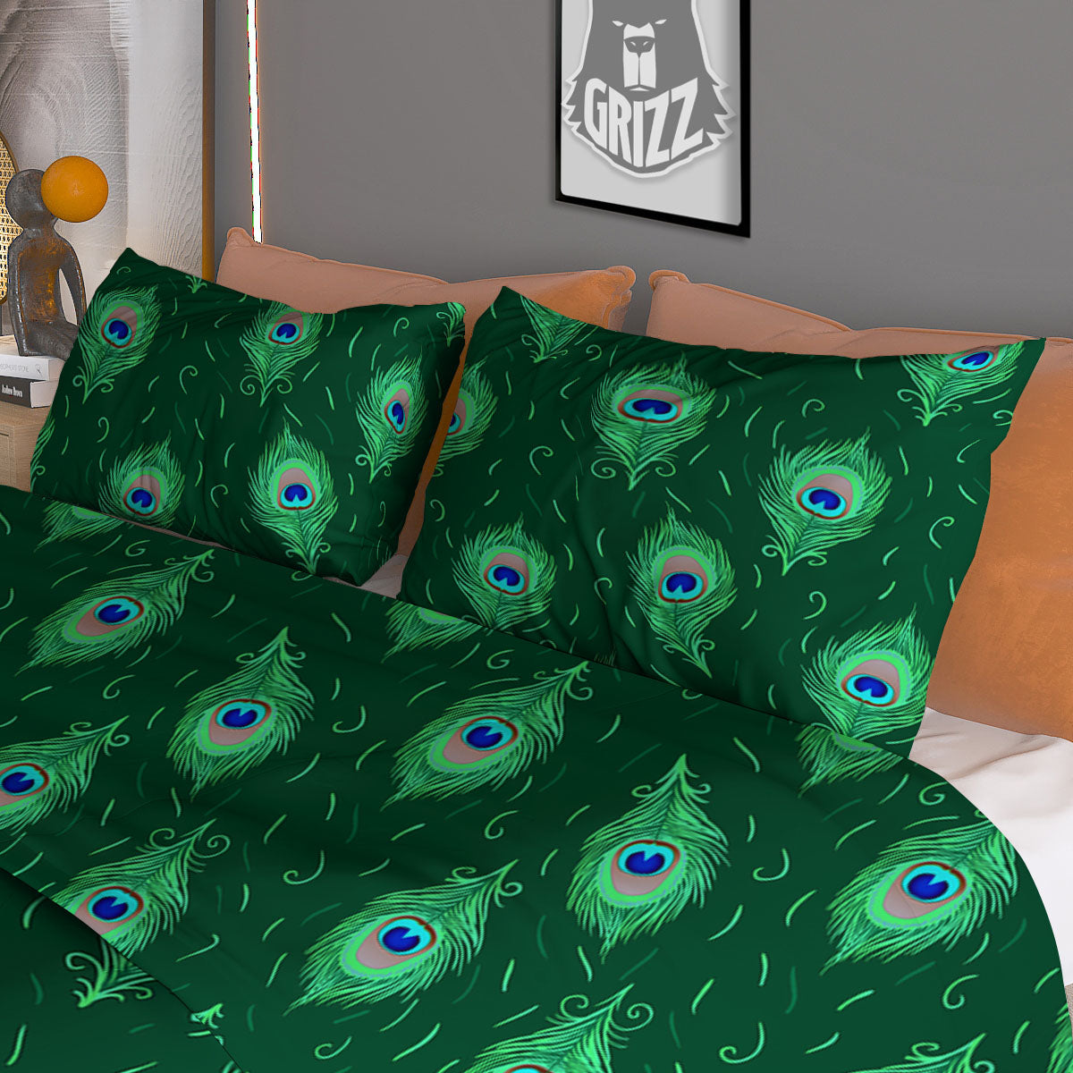 Feather Peacock Print Pattern Duvet Cover Bedding Set