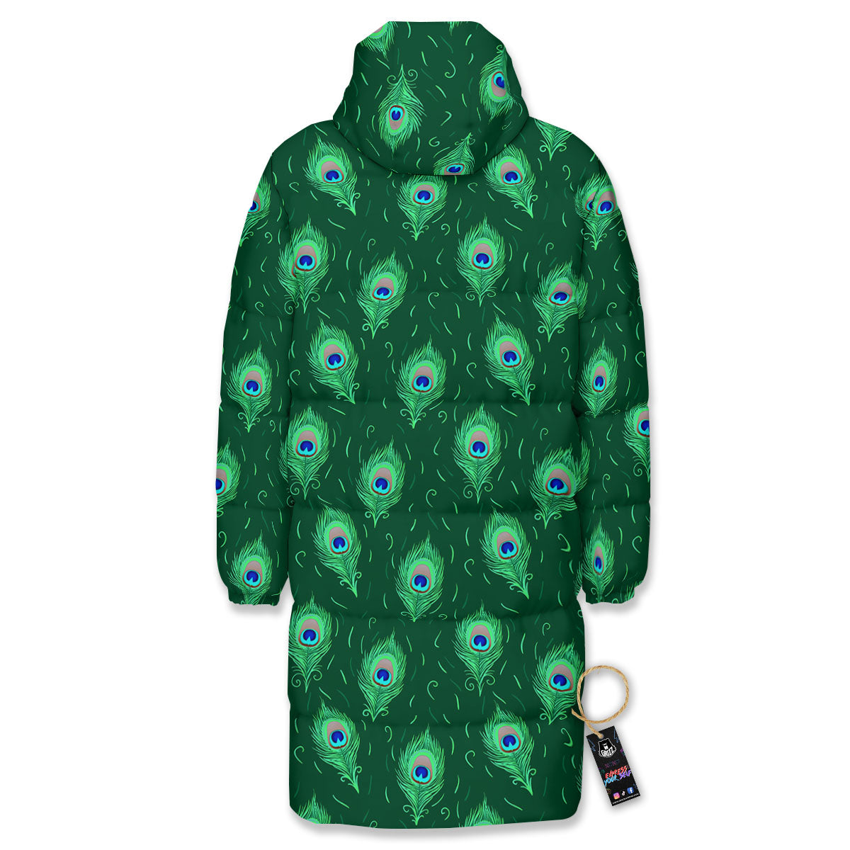 Feather Peacock Print Pattern Long Down Jacket-grizzshop