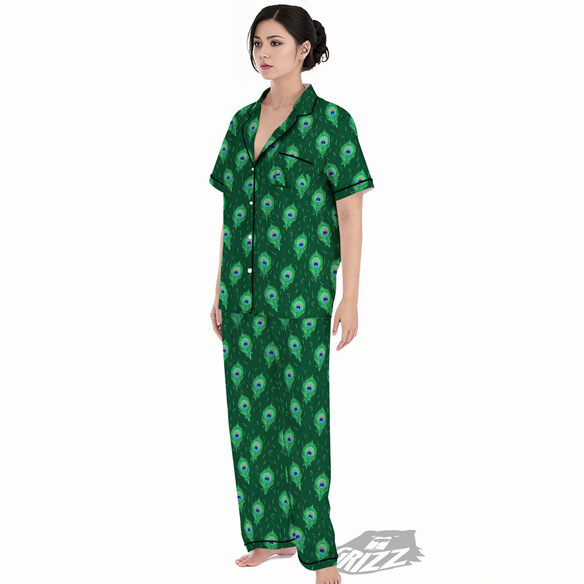Feather Peacock Print Pattern Women's Pajamas Set-grizzshop