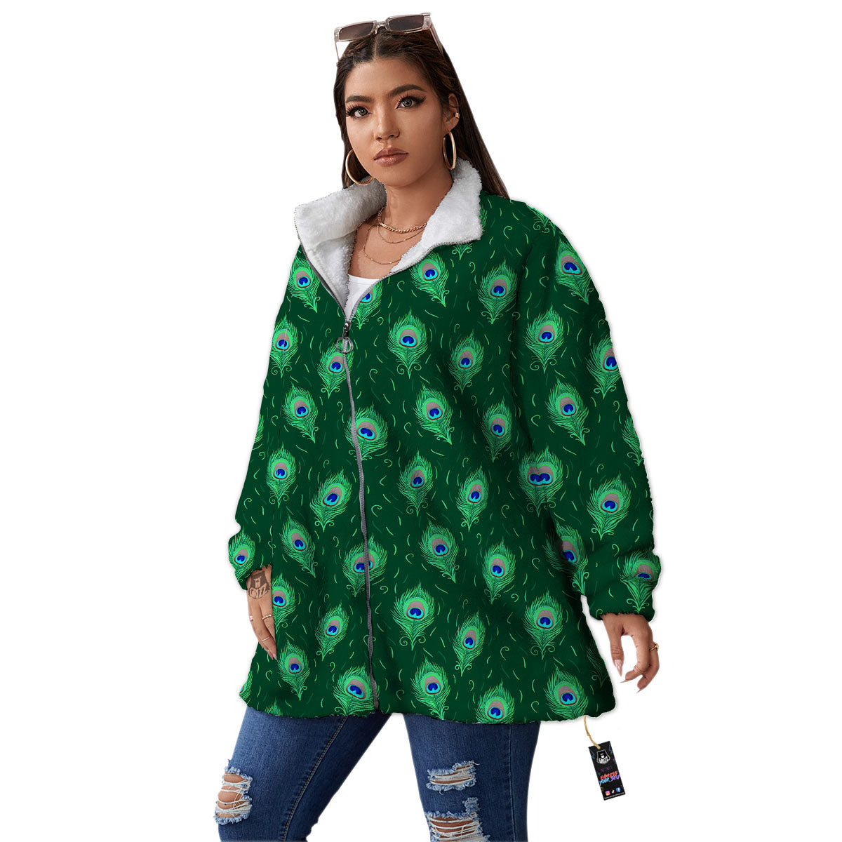 Feather Peacock Print Pattern Women's Sherpa Jacket-grizzshop