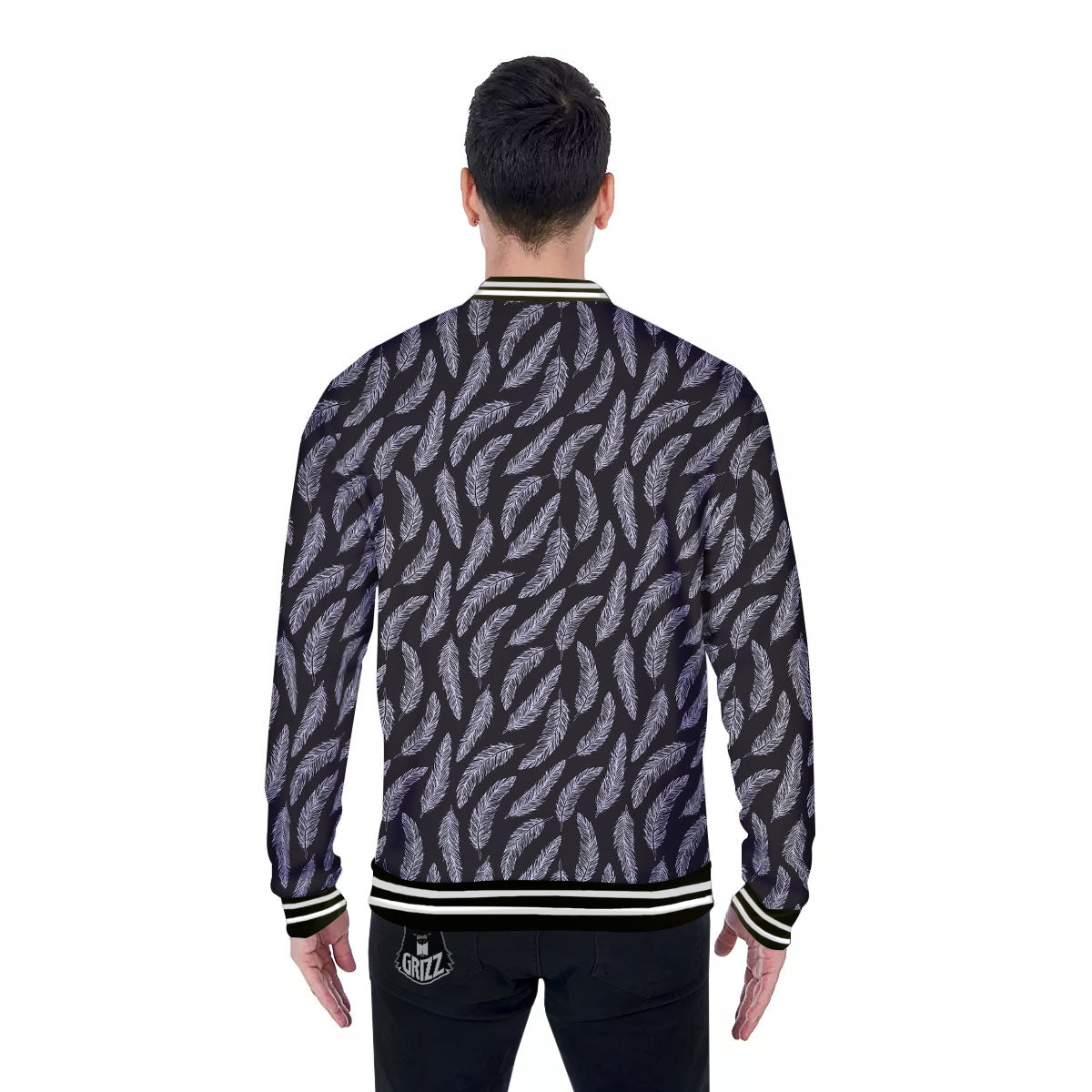 Feather White And Black Print Pattern Baseball Jacket-grizzshop