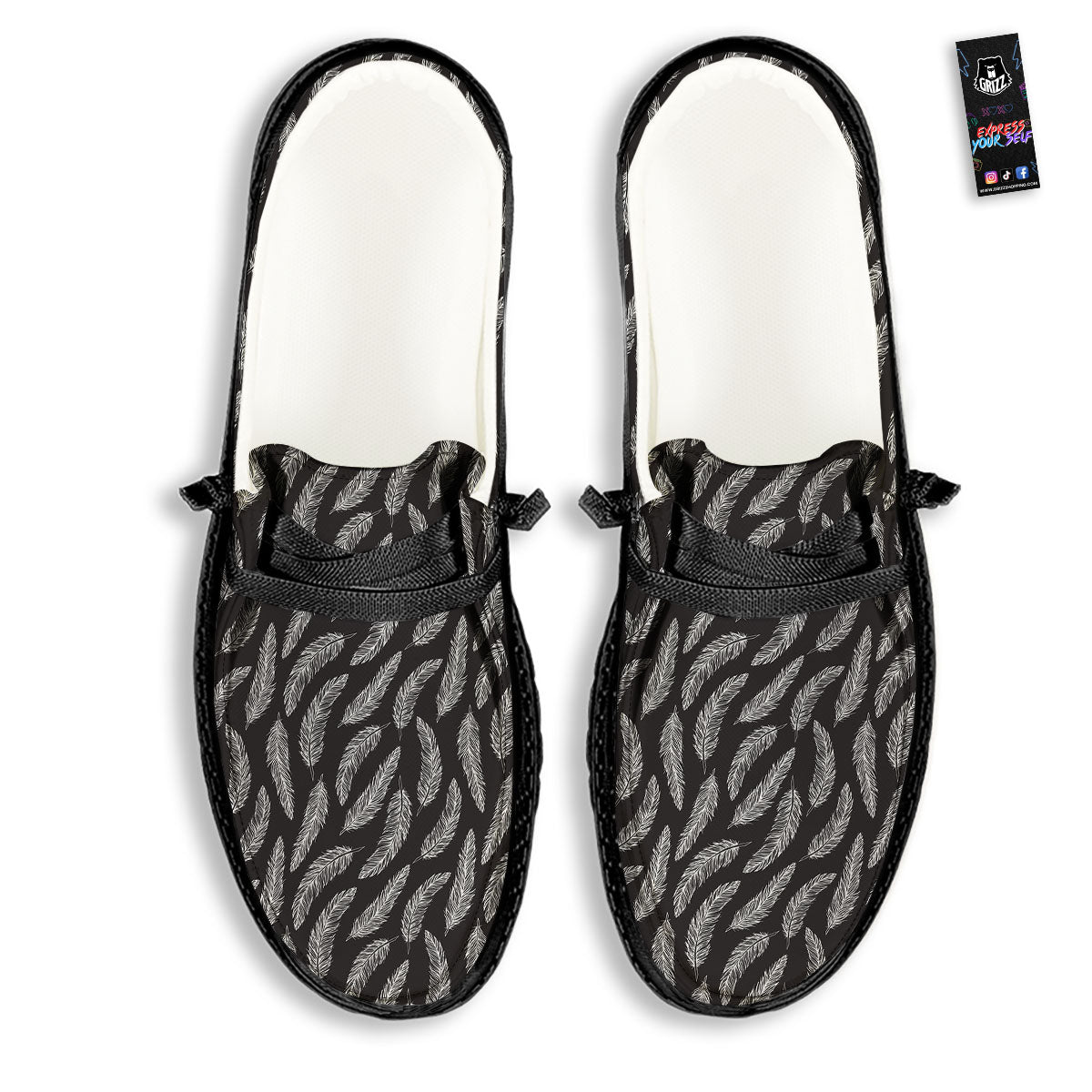 Feather White And Black Print Pattern Black Loafers-grizzshop
