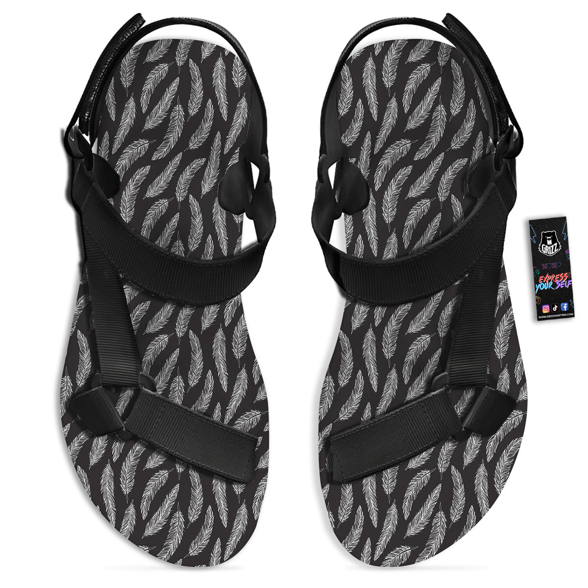 Feather White And Black Print Pattern Black Open Toe Sandals-grizzshop