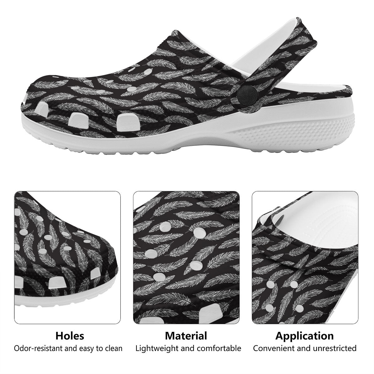 Feather White And Black Print Pattern Clog-grizzshop