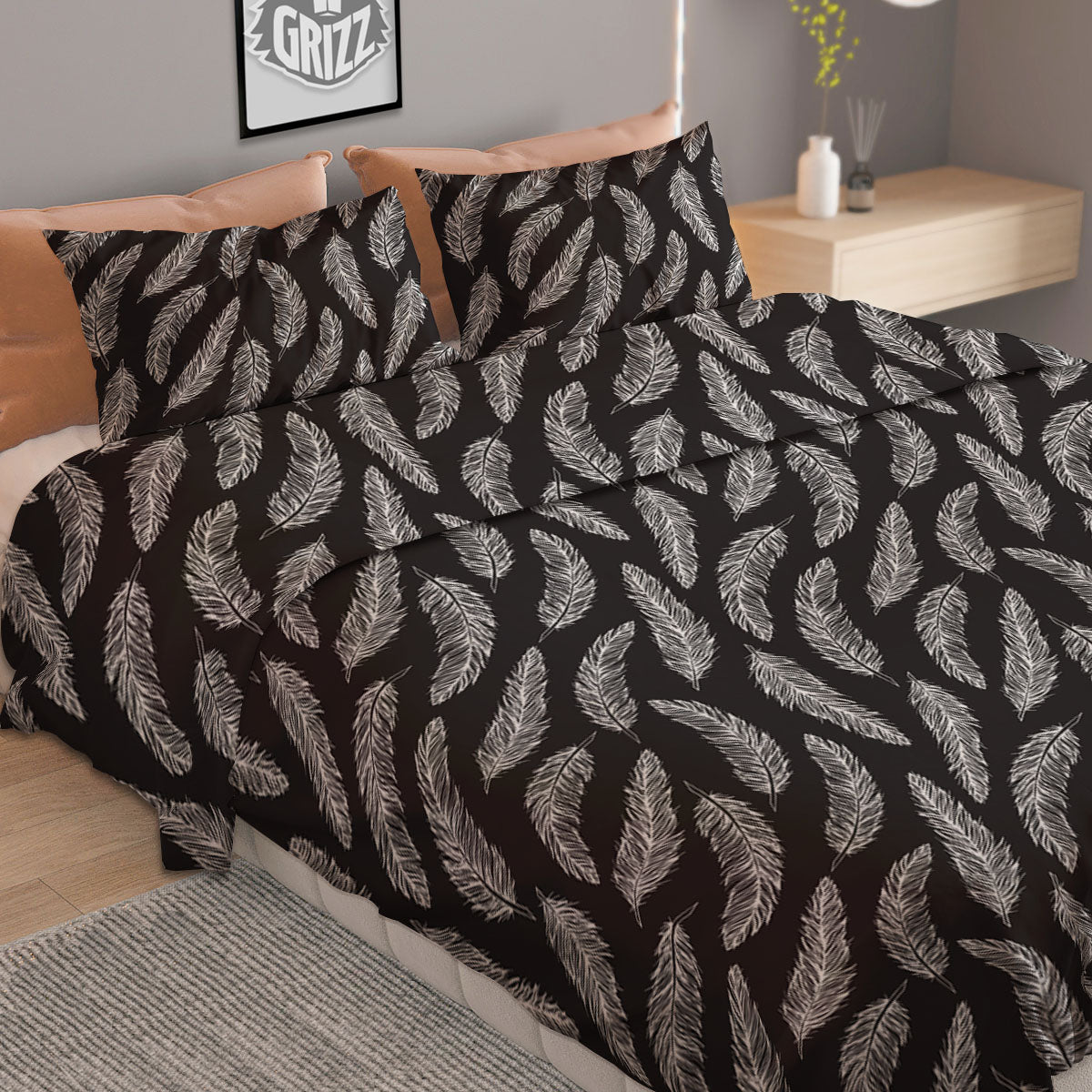 Feather White And Black Print Pattern Duvet Cover Bedding Set