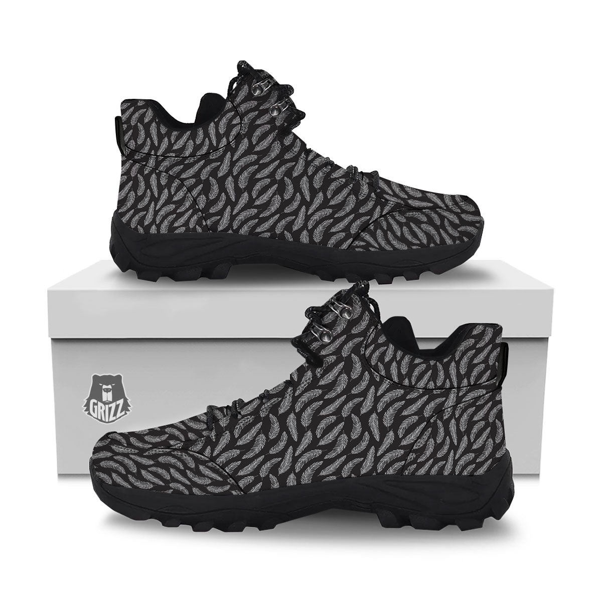 Feather White And Black Print Pattern Hiking Shoes-grizzshop