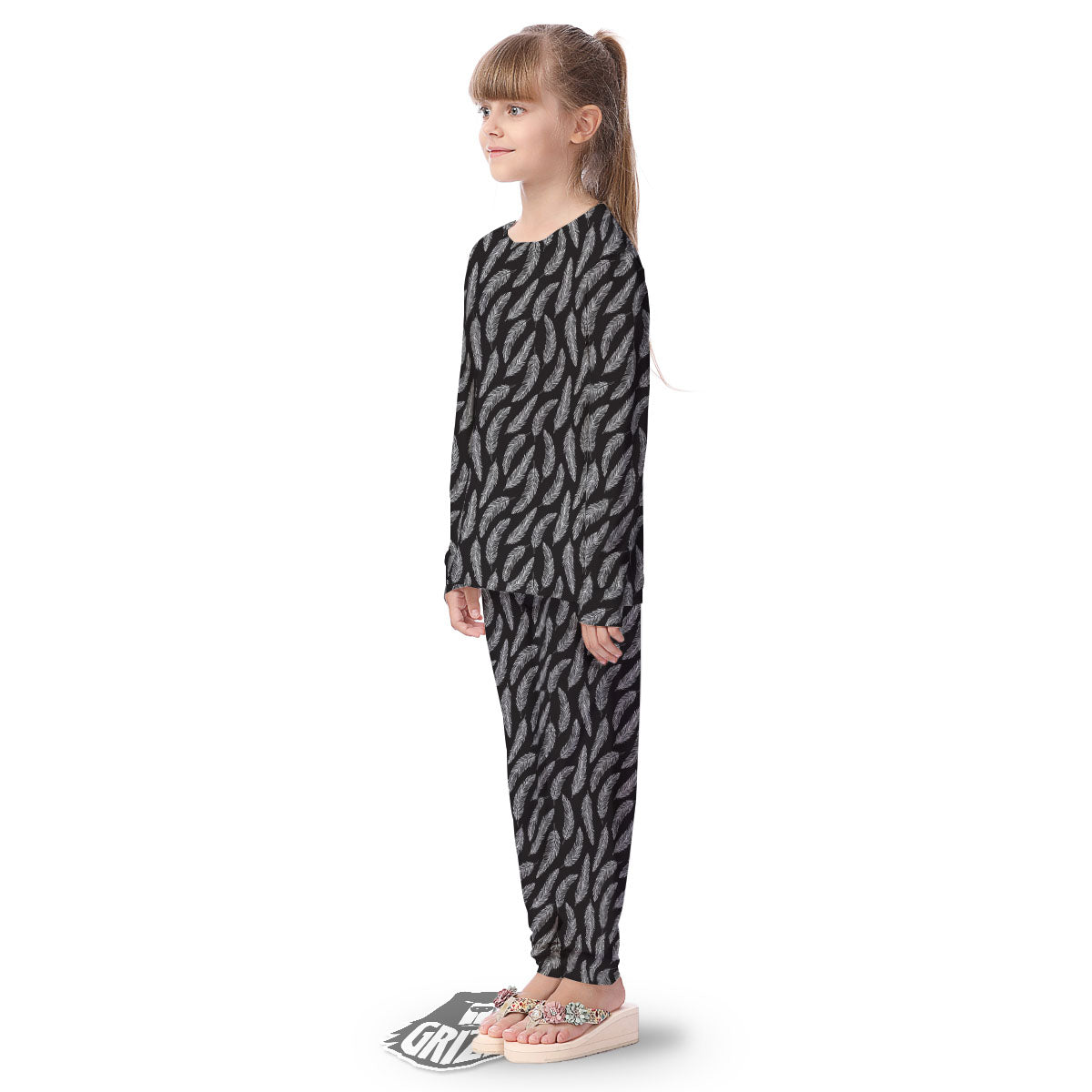 Feather White And Black Print Pattern Kid's Pajamas-grizzshop