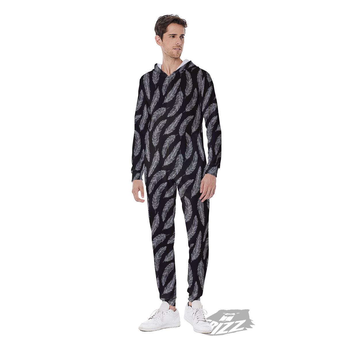 Feather White And Black Print Pattern Men's Jumpsuit-grizzshop
