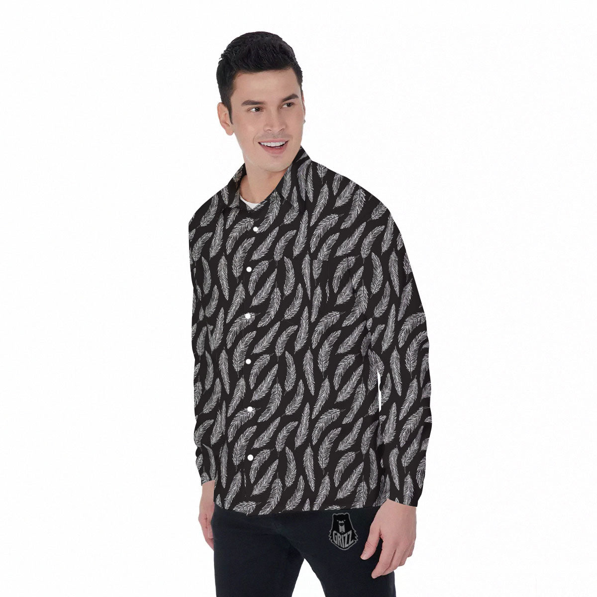 Feather White And Black Print Pattern Men's Long Sleeve Shirts-grizzshop