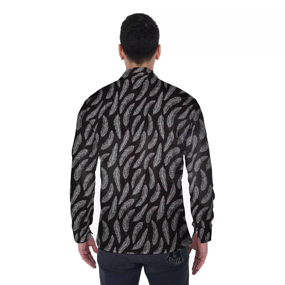 Feather White And Black Print Pattern Men's Long Sleeve Shirts-grizzshop