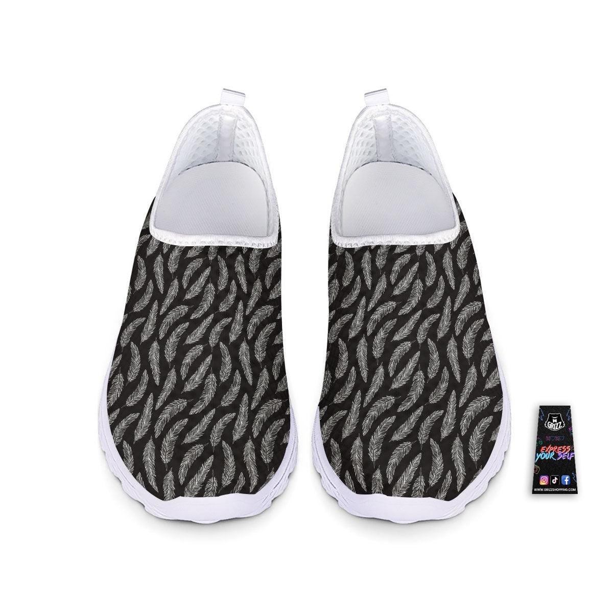Feather White And Black Print Pattern Nurse Shoes-grizzshop
