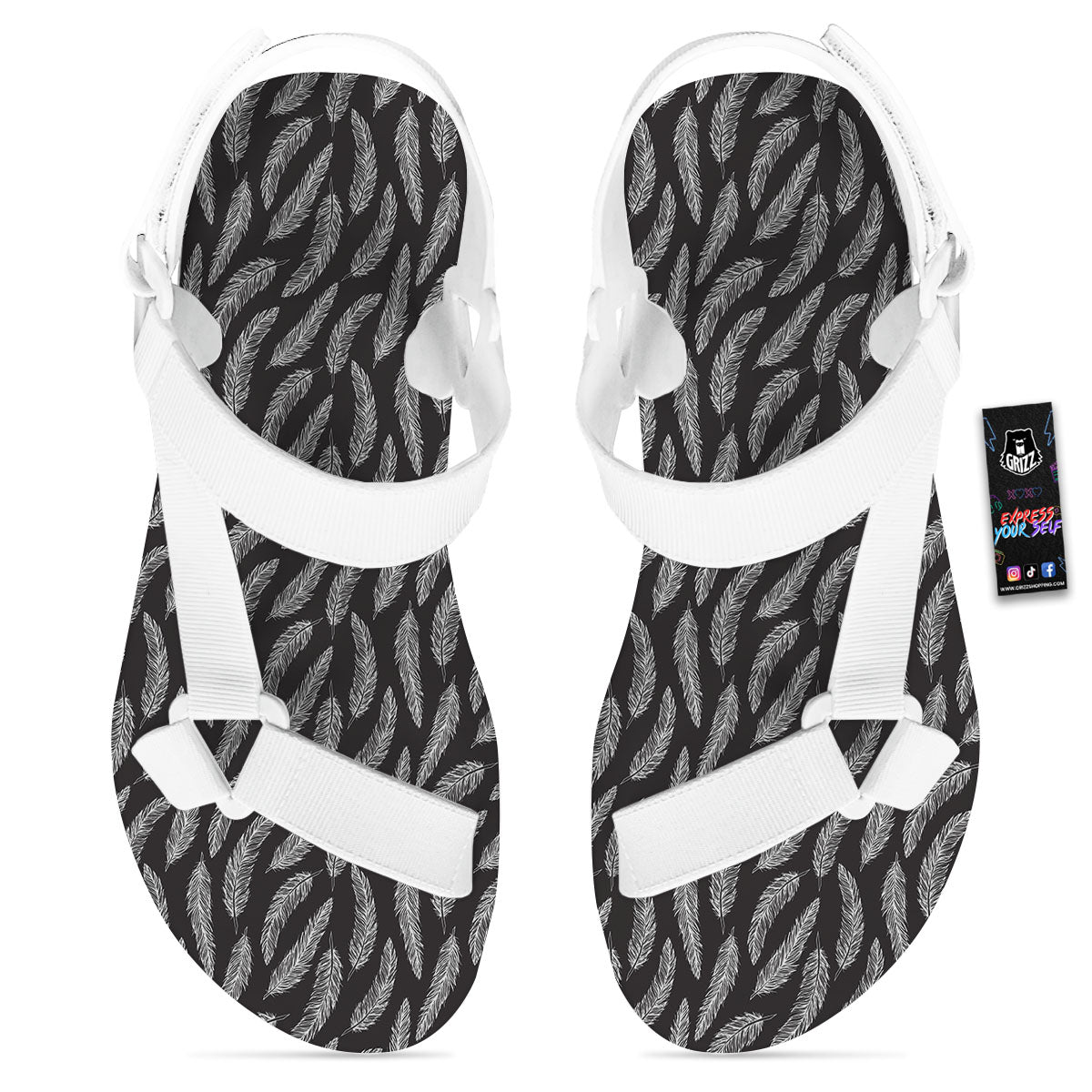 Feather White And Black Print Pattern White Open Toe Sandals-grizzshop