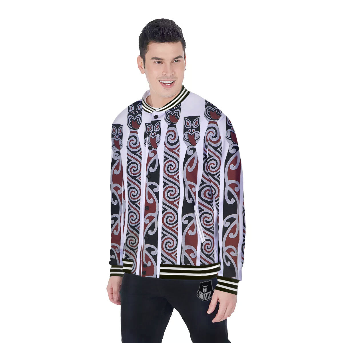 Fence Maori Print Baseball Jacket-grizzshop
