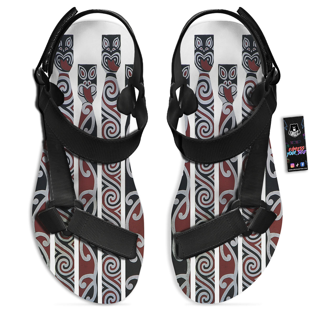 Fence Maori Print Black Open Toe Sandals-grizzshop