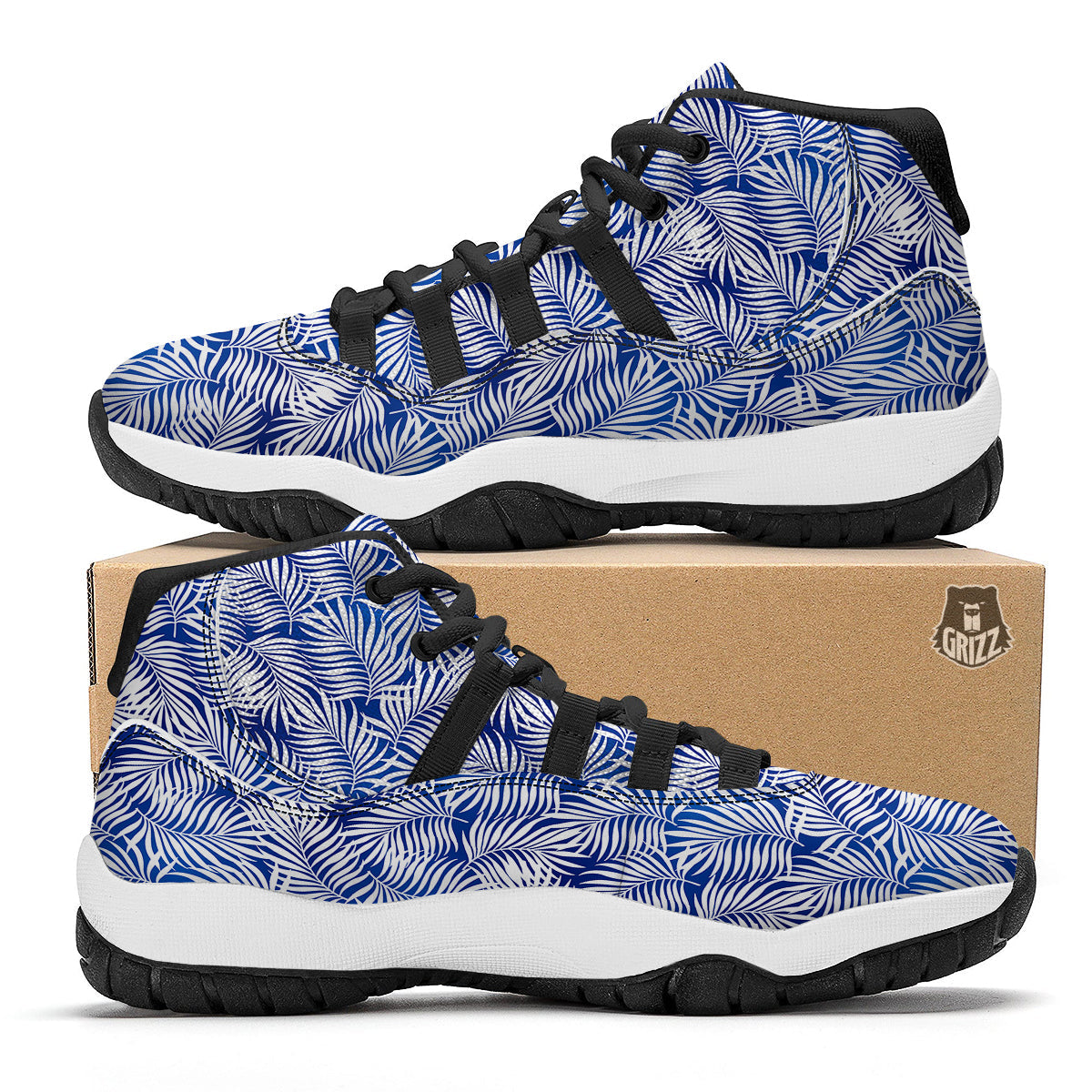 Fern Leaf Blue White Print Pattern Black Bball Shoes-grizzshop