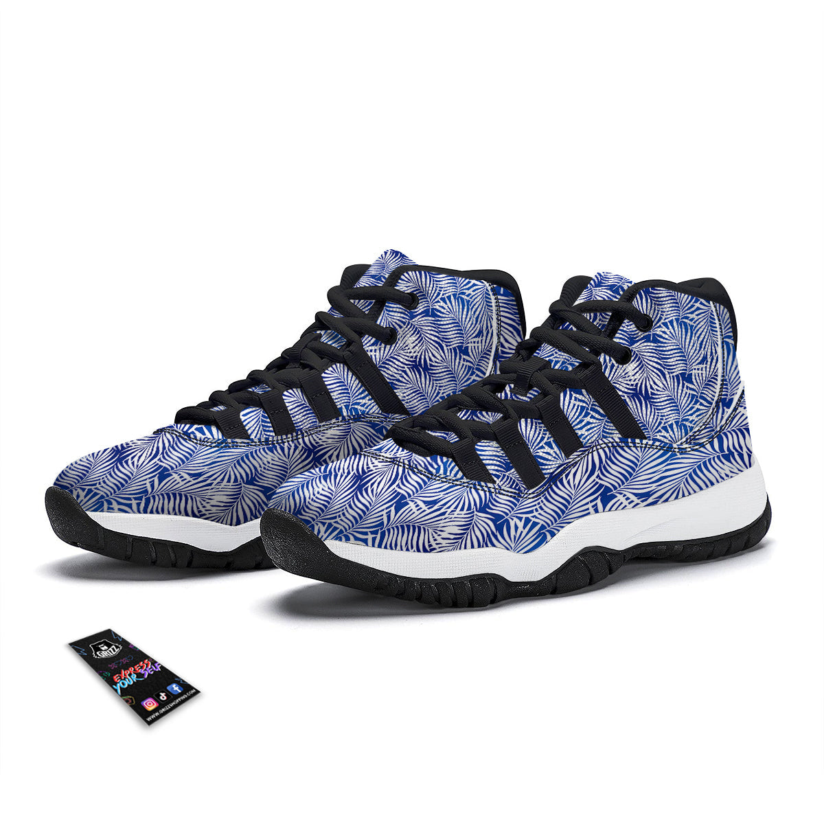 Fern Leaf Blue White Print Pattern Black Bball Shoes-grizzshop