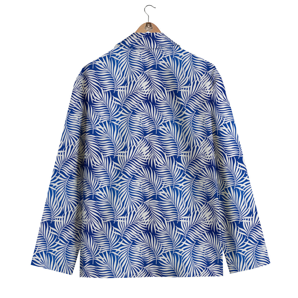 Fern Leaf Blue White Print Pattern Men's Blazer-grizzshop