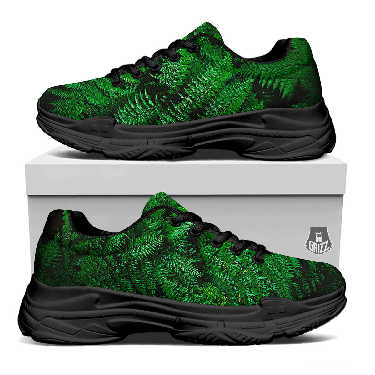 Fern Leaf Green Print Black Chunky Shoes-grizzshop