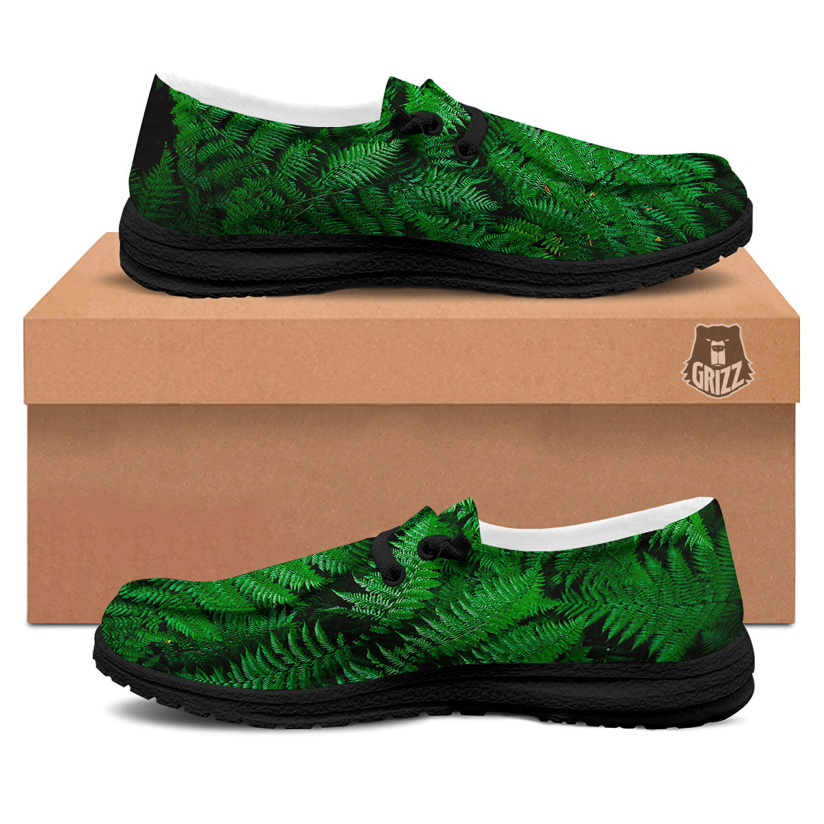 Fern Leaf Green Print Black Loafers-grizzshop