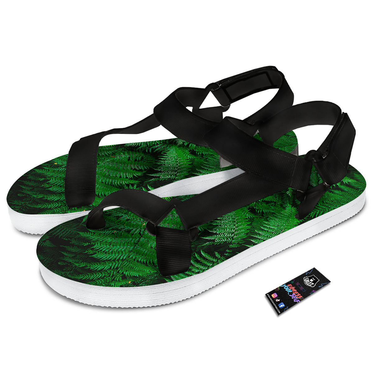 Fern Leaf Green Print Black Open Toe Sandals-grizzshop
