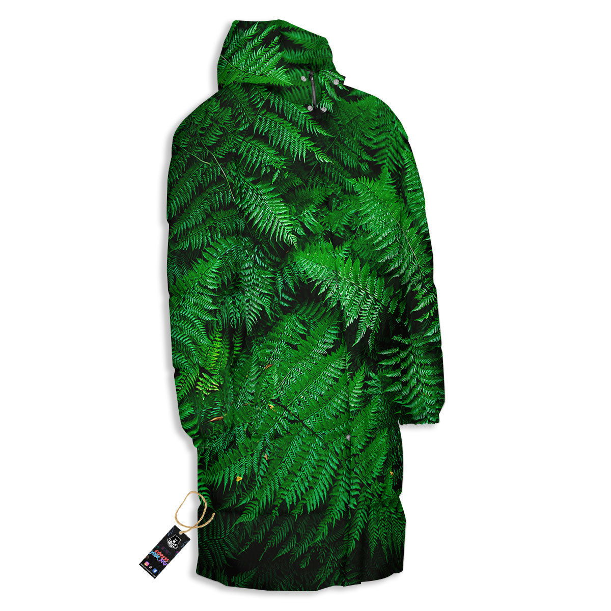 Fern Leaf Green Print Long Down Jacket-grizzshop
