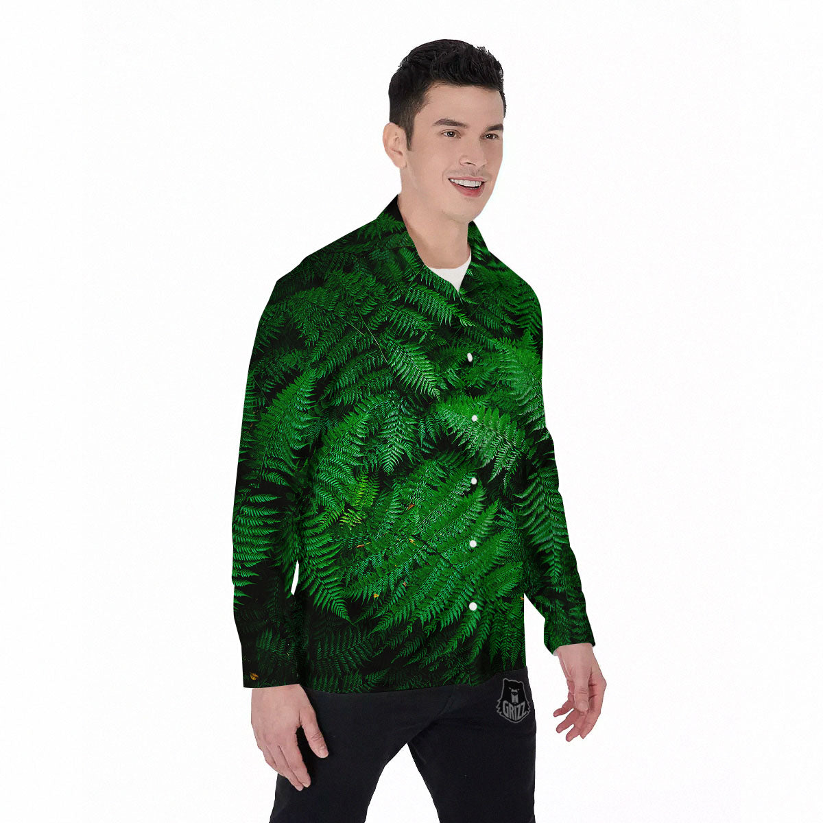 Fern Leaf Green Print Men's Long Sleeve Shirts-grizzshop