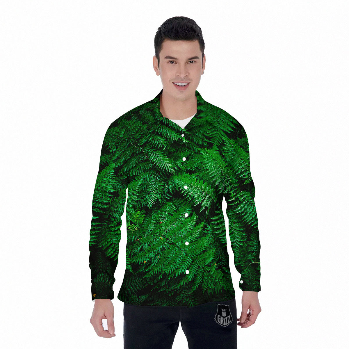 Fern Leaf Green Print Men's Long Sleeve Shirts-grizzshop
