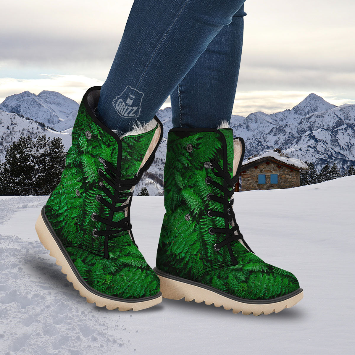 Fern Leaf Green Print Snow Boots-grizzshop