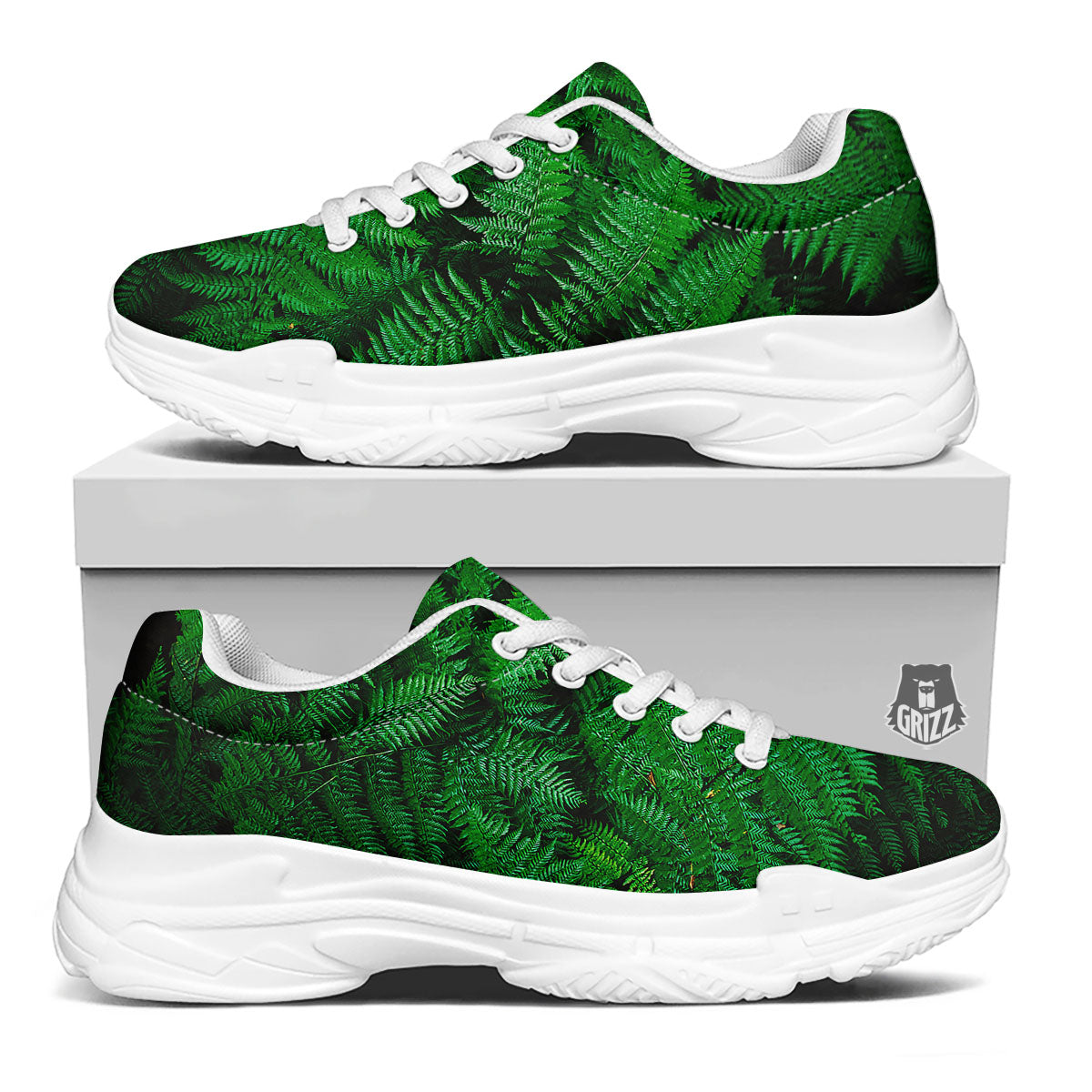 Fern Leaf Green Print White Chunky Shoes-grizzshop