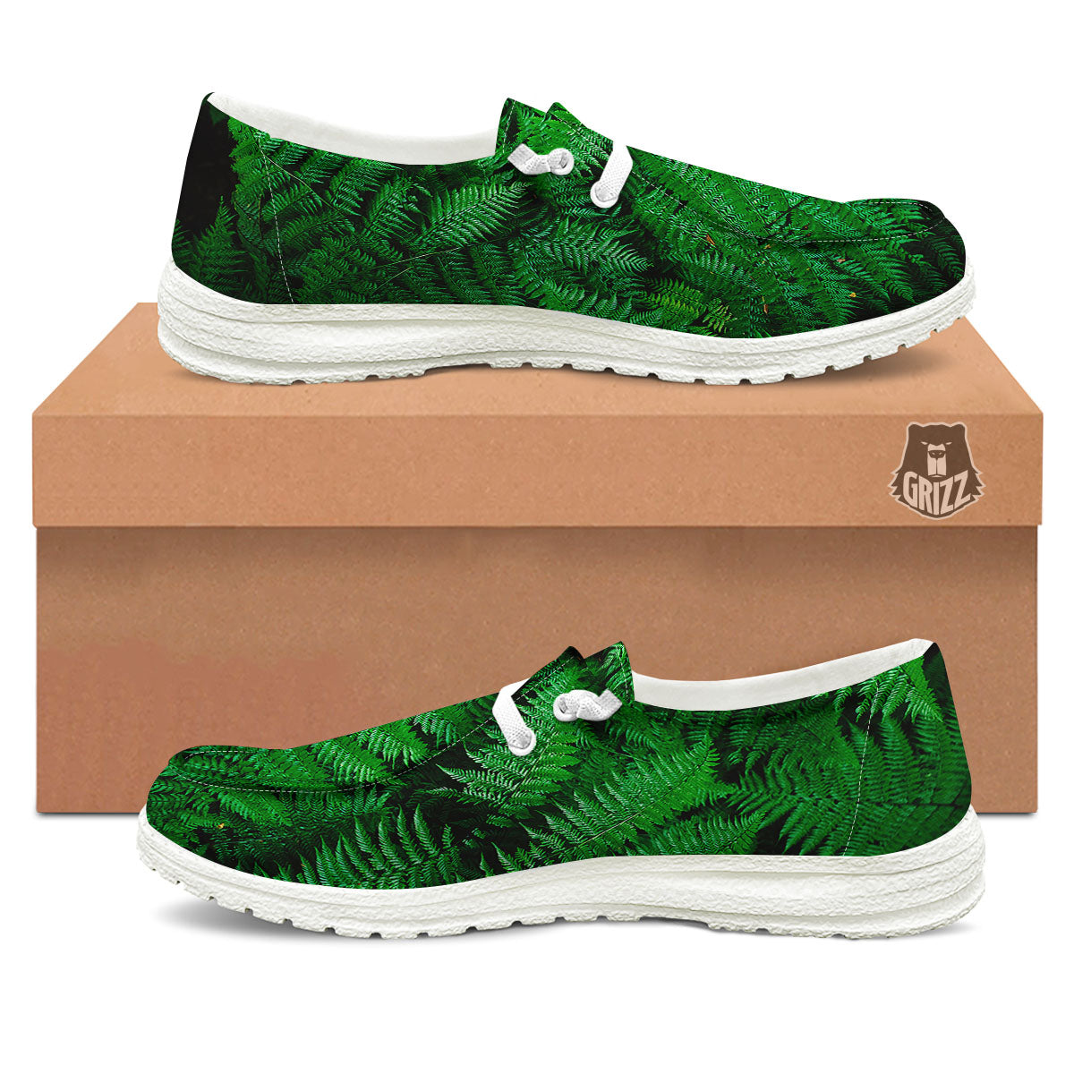 Fern Leaf Green Print White Loafers-grizzshop