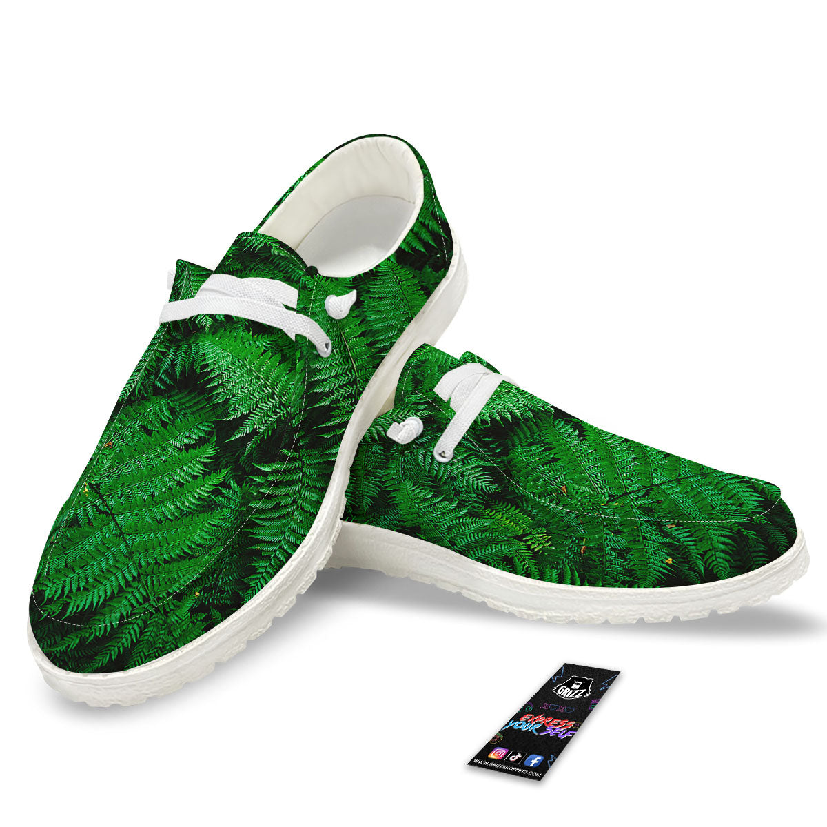 Fern Leaf Green Print White Loafers-grizzshop