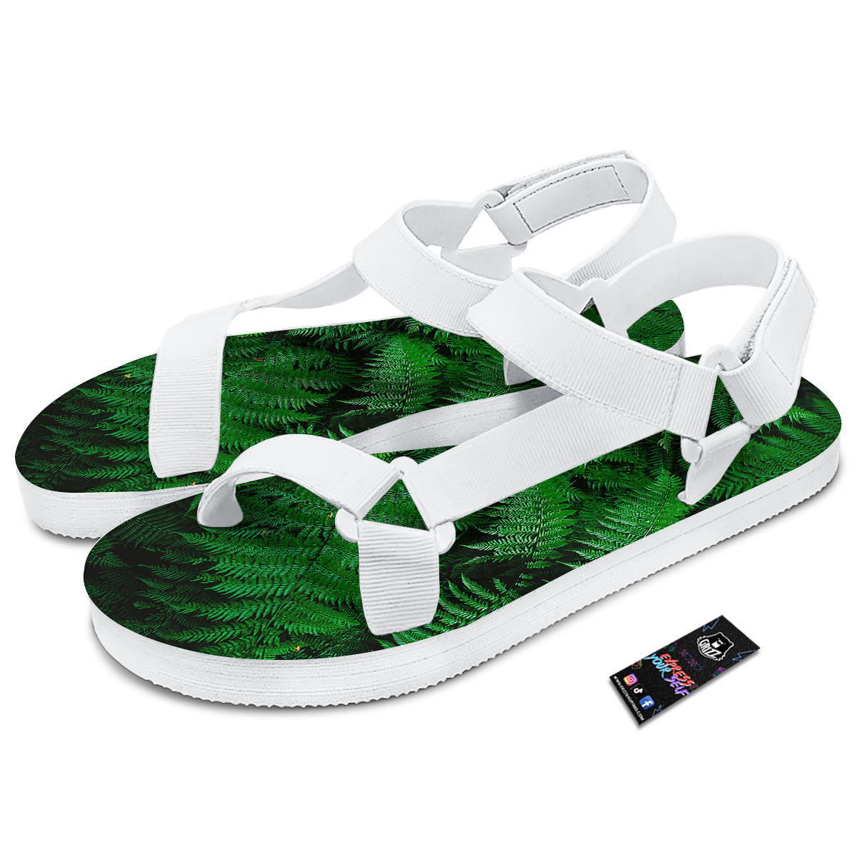 Fern Leaf Green Print White Open Toe Sandals-grizzshop