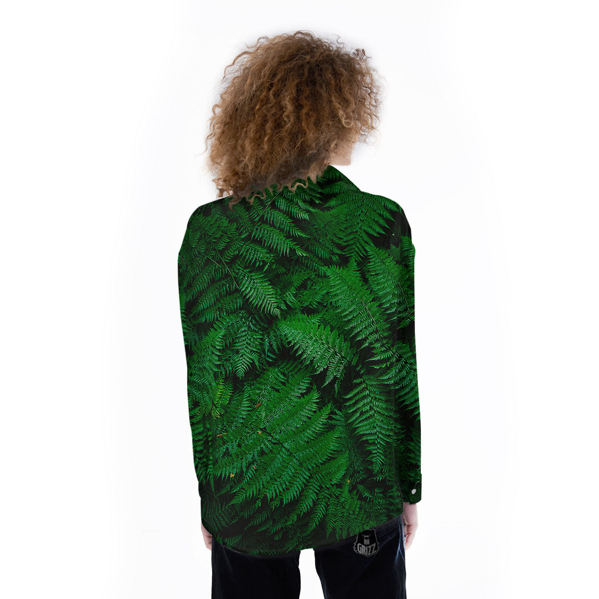 Fern Leaf Green Print Women's Long Sleeve Shirts-grizzshop