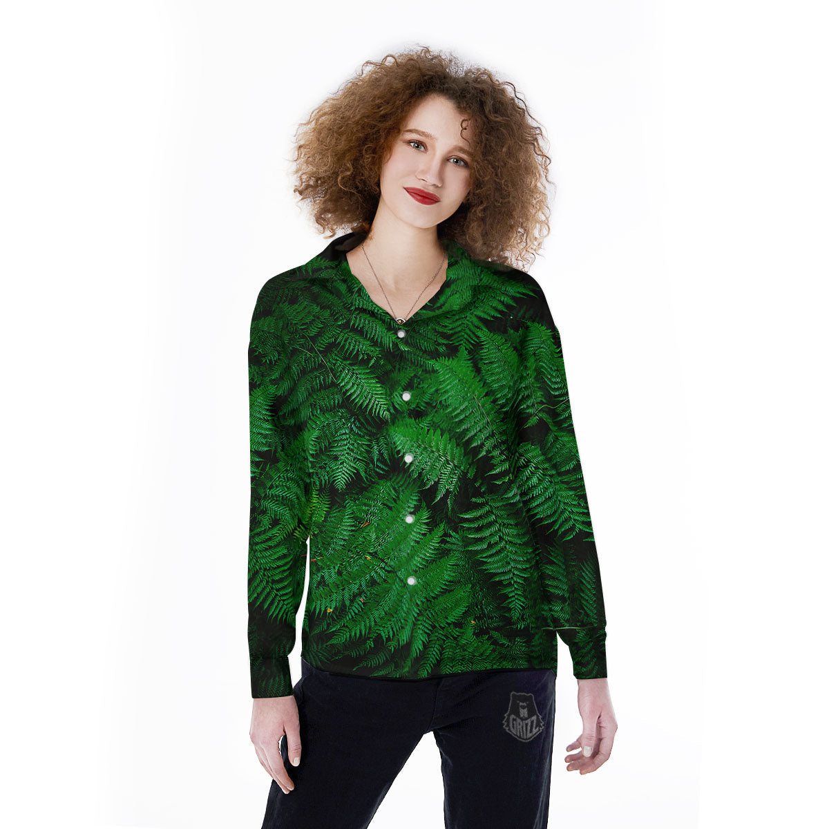 Fern Leaf Green Print Women's Long Sleeve Shirts-grizzshop